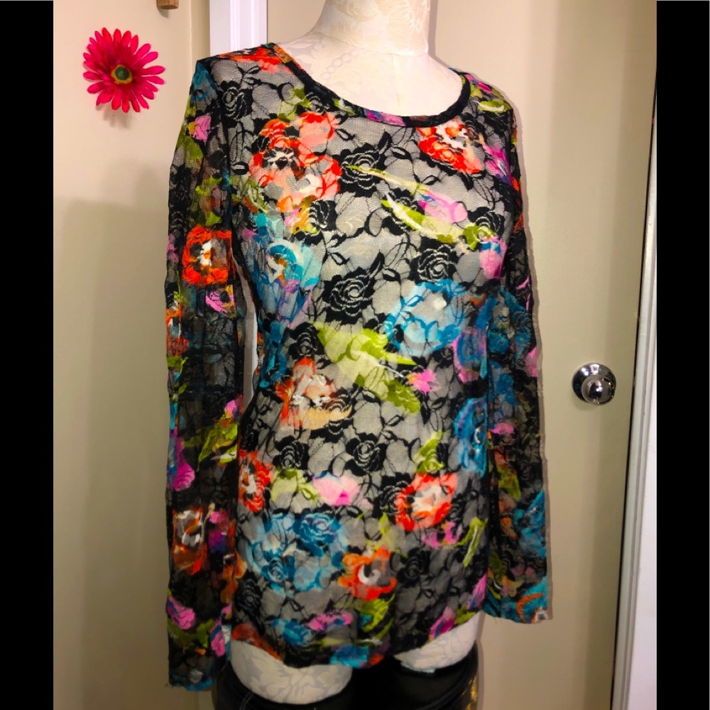Black floral print mesh long sleeved top.